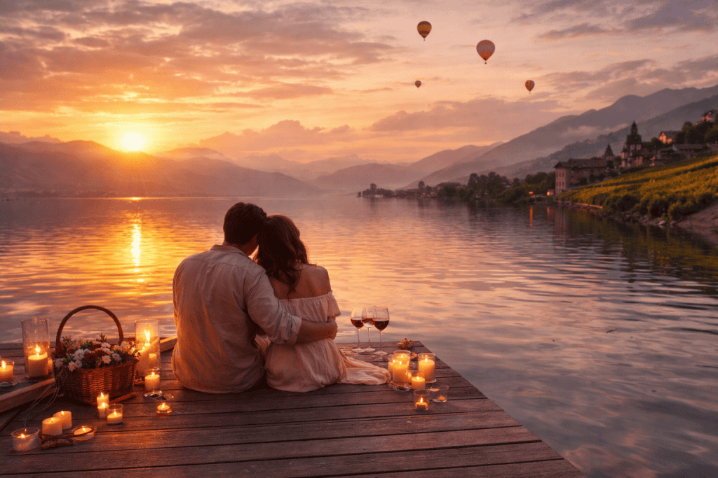 Paar am See bei Sonnenuntergang – romantische Auszeit