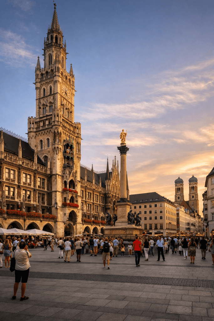 Marienplatz in München mit Neuem Rathaus und zentralem Platzgeschehen