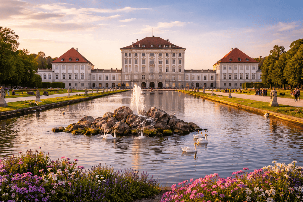Schloss Nymphenburg in München mit barocker Schlossfassade und Schlosspark