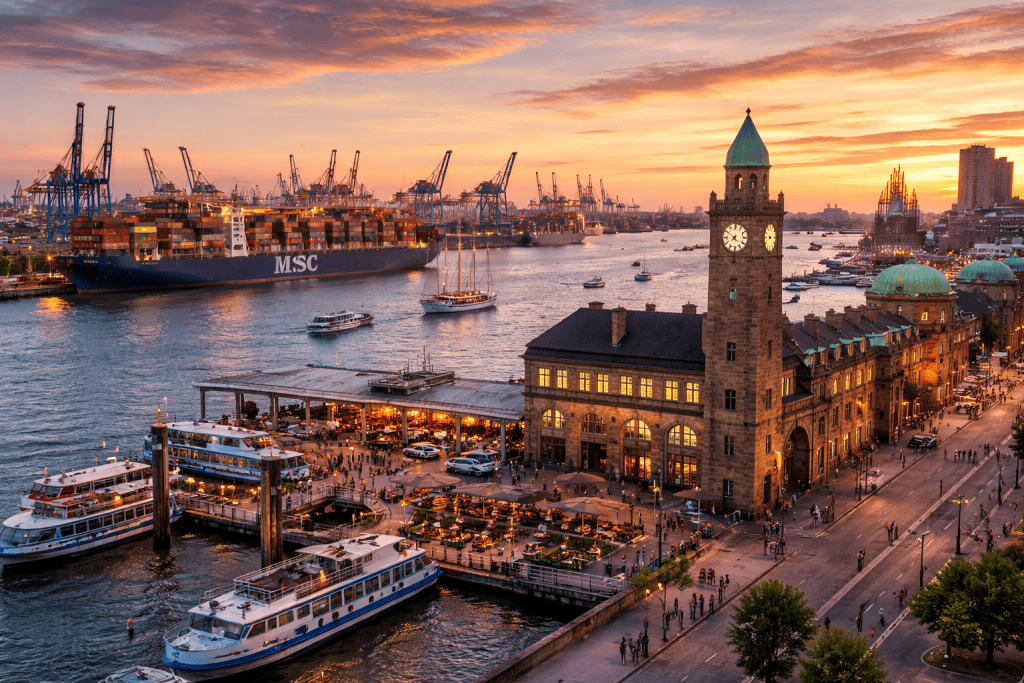 Hamburger Hafen und Landungsbrücken mit Schiffen, Elbe und Hafenpanorama