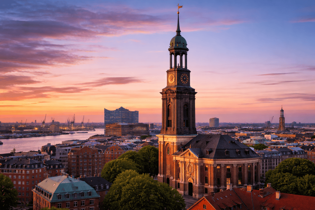 St. Michaeliskirche Hamburg mit Kirchturm und Stadtblick