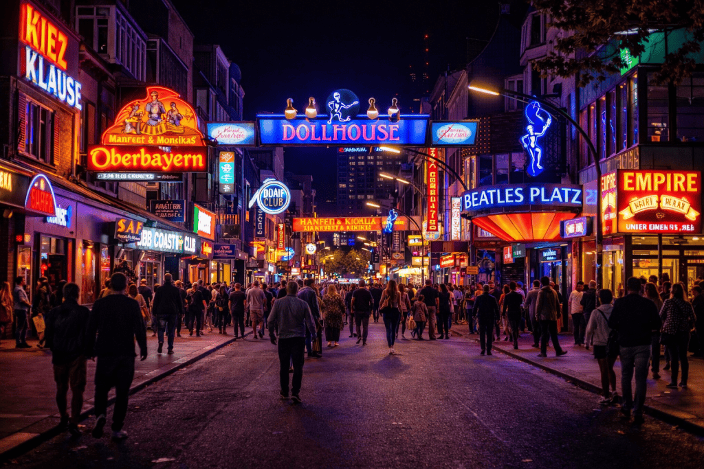 Reeperbahn Hamburg bei Abend mit Neonlichtern und Straßenleben