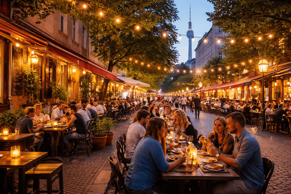 Abendliche Restaurantszene in Berlin mit vielfältiger Küche und beleuchteten Straßencafés