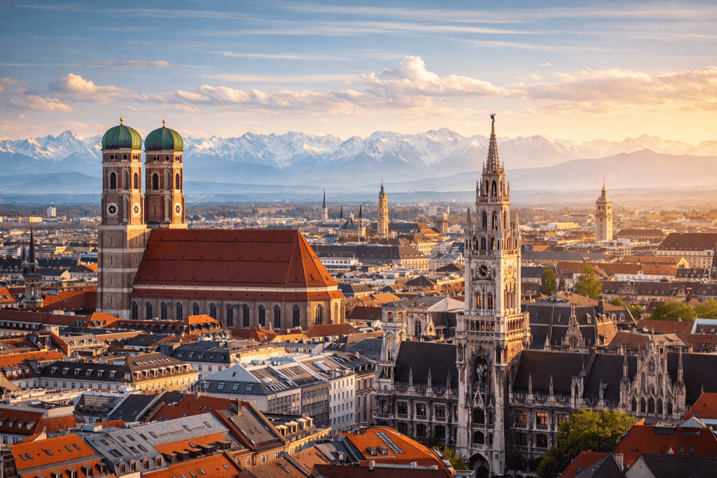 Blick über München mit Frauenkirche und Alpenpanorama