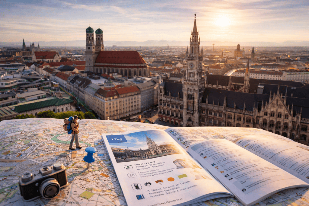 Blick über die Isar auf die Münchner Altstadt mit Frauenkirche und Stadtpanorama