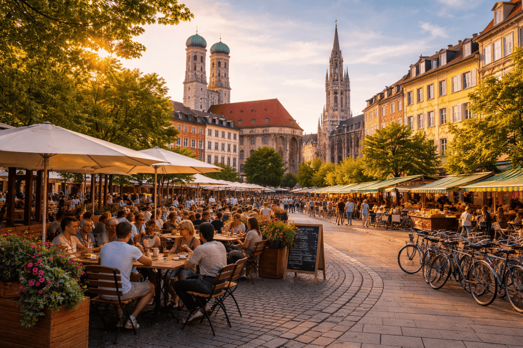 Münchner Stadtviertel mit Straßenszene, Cafés und historischer Architektur bei Tageslicht