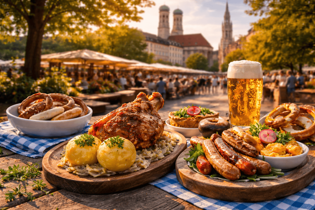 Belebte Restaurantstraße in München mit Außengastronomie und Abendstimmung