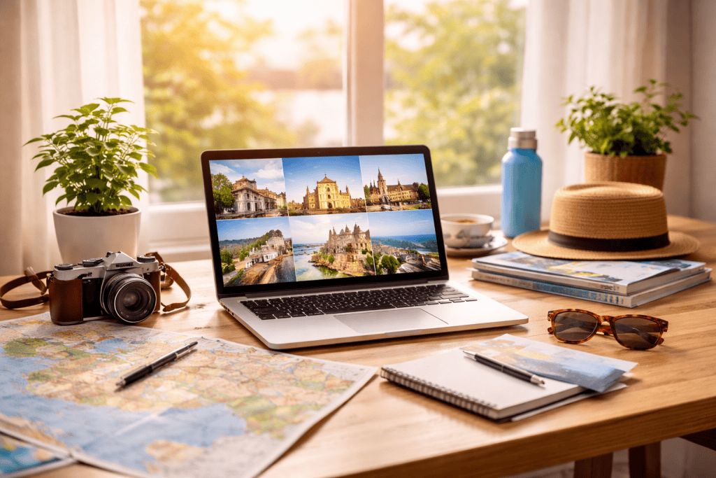 Arbeitsplatz mit Laptop und Reiseinspiration - Über uns bei NB Kompass