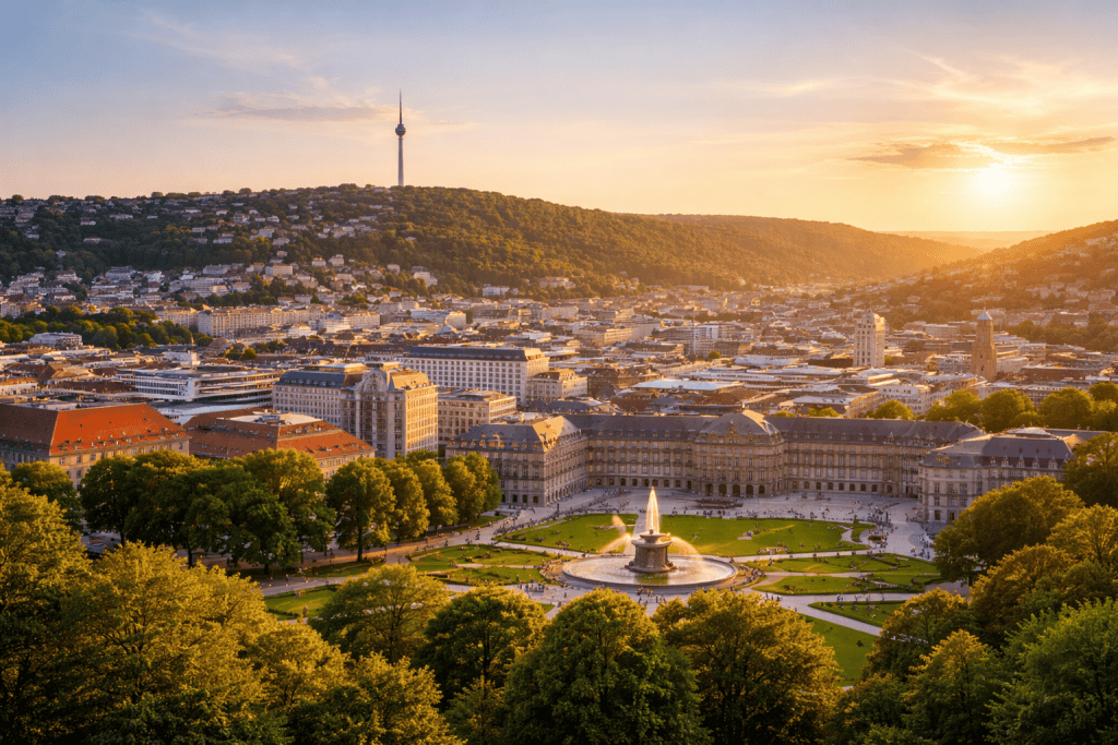 Panoramablick auf Stuttgart mit Schlossplatz, moderner Skyline und umliegenden Weinbergen im Querformat.