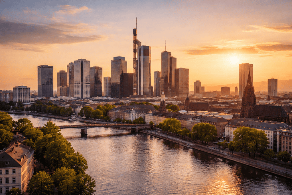 Frankfurter Skyline mit Main, Altstadt und moderner Hochhausarchitektur im warmen Abendlicht im Querformat.