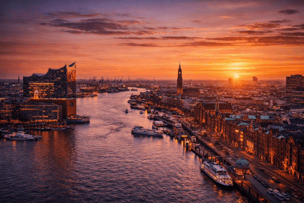 Panoramablick auf Hamburg bei Sonnenuntergang mit Elbphilharmonie, Hafen und Speicherstadt