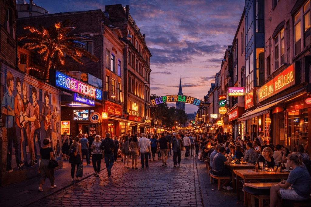 Straßenszene in einem typischen Hamburger Viertel mit Cafés und Altbauten
