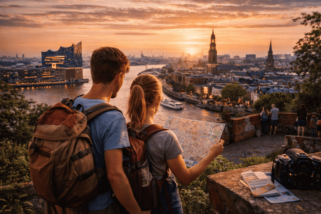 Reiseplanung für Hamburg mit Stadtplan, Kamera und Sehenswürdigkeiten