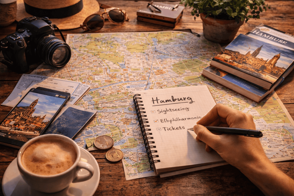Hamburg Reisevorbereitung mit Stadtplan, Smartphone, Tickets und Notizbuch