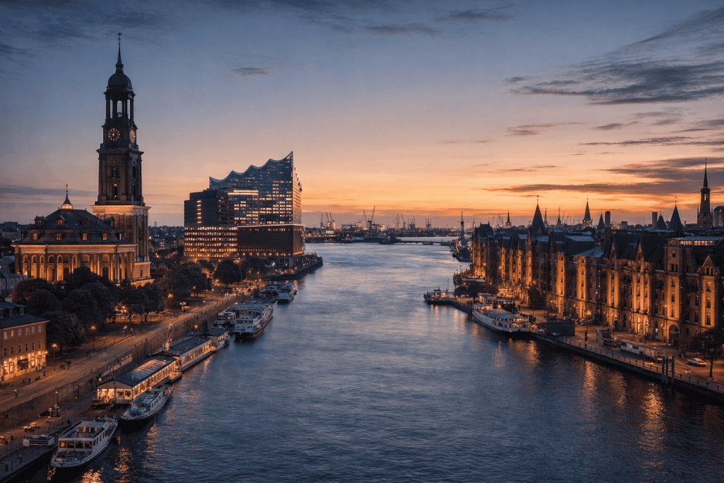 Hamburger Skyline mit Elbe, Hafen und Elbphilharmonie bei Sonnenuntergang