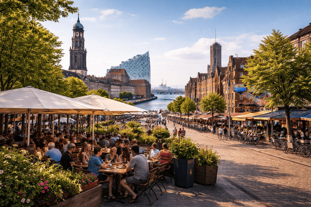 Belebte Straße in Hamburg mit Cafés, Fahrrädern und typischer Stadtatmosphäre in einem Hamburger Viertel