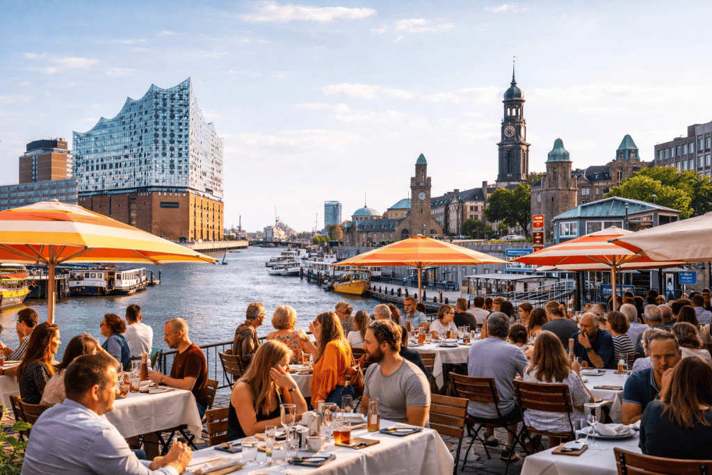 Außengastronomie und Restaurants in Hamburg mit norddeutschen Spezialitäten und Hafenatmosphäre