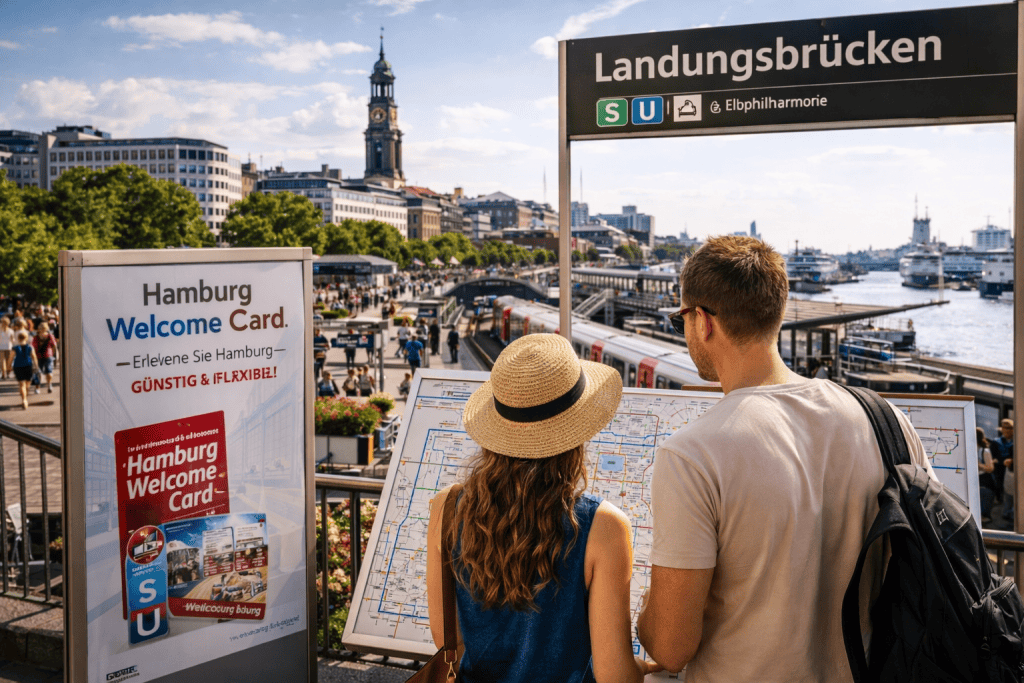 Stadtplan und Reiseführer mit Blick auf die Hamburger Skyline und die Elbe – Symbolbild für Reiseplanung und Tipps in Hamburg.