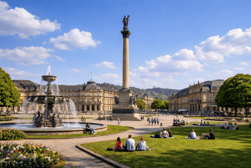 Schlossplatz Stuttgart mit Neuem Schloss, Brunnen und Innenstadtpanorama