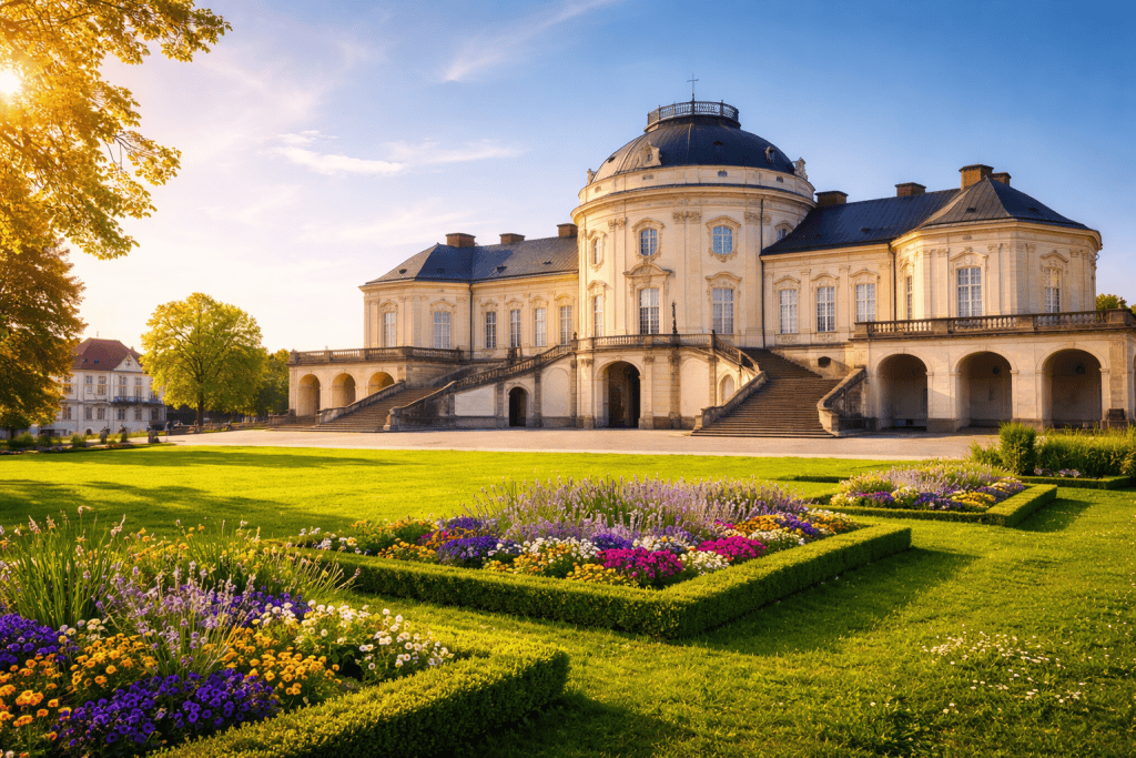 Schloss Solitude bei Stuttgart mit barocker Architektur, Schlossallee und Blick über die Stadt im Querformat.