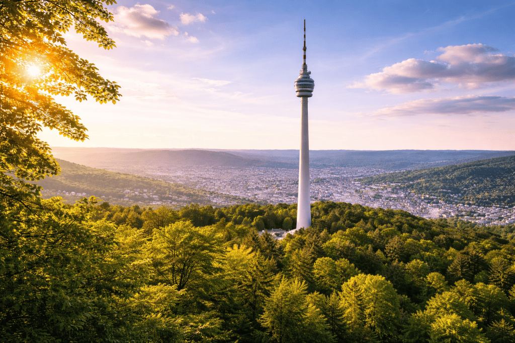 Fernsehturm Stuttgart im Querformat mit Aussichtsplattform und Blick über Stuttgart und die umliegende Landschaft