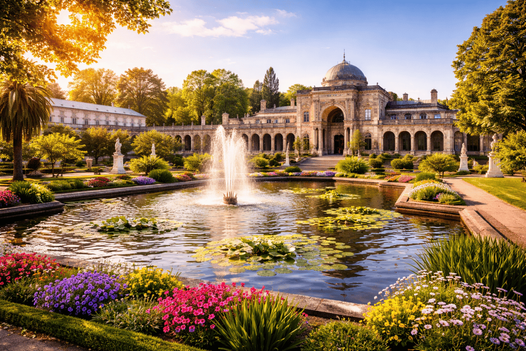 Wilhelma Stuttgart mit historischer maurischer Architektur, exotischen Pflanzen und Tieranlagen im Querformat
