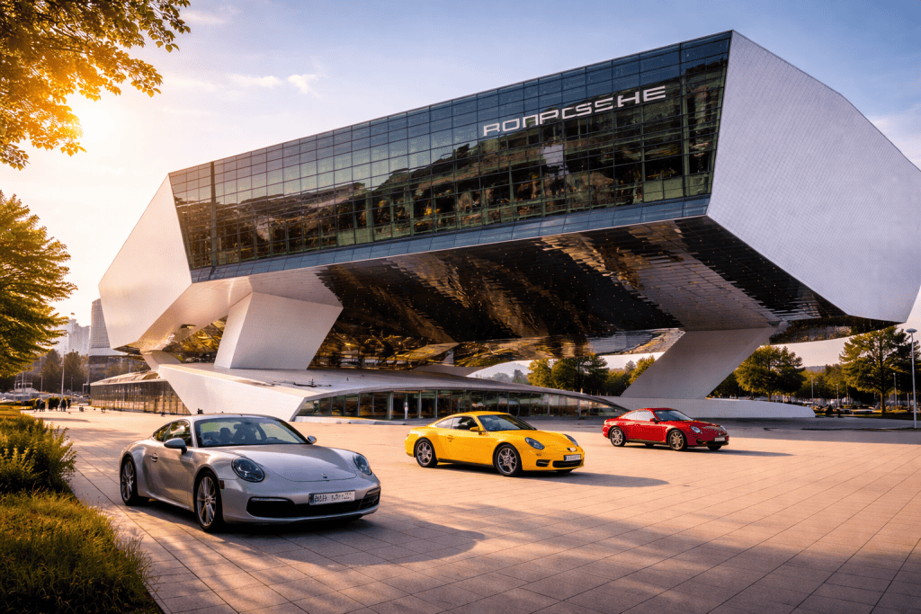 Porsche Museum Stuttgart mit futuristischer Architektur und Fahrzeugen