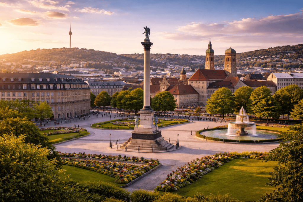 Panoramablick auf Stuttgart mit Schlossplatz, Innenstadt und umliegenden Hügeln im Querformat