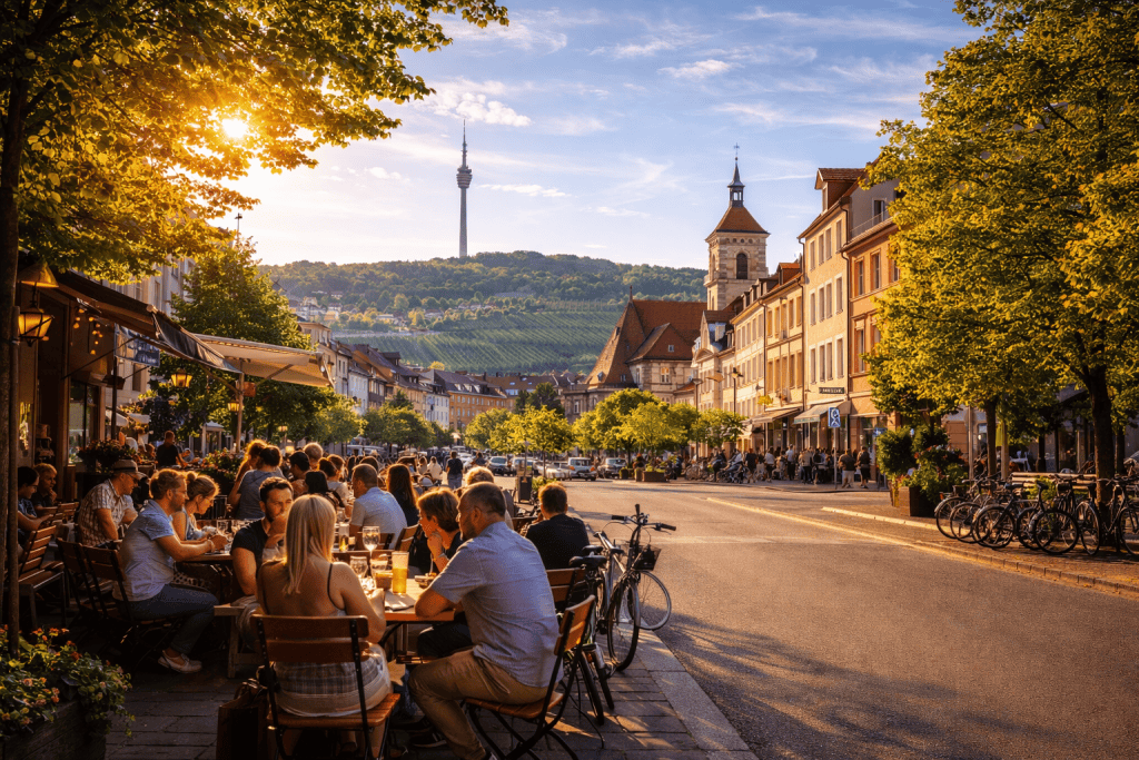 Belebte Straße in Stuttgart mit Cafés, Fußgängern und typischer Stadtatmosphäre in einem Stuttgarter Viertel