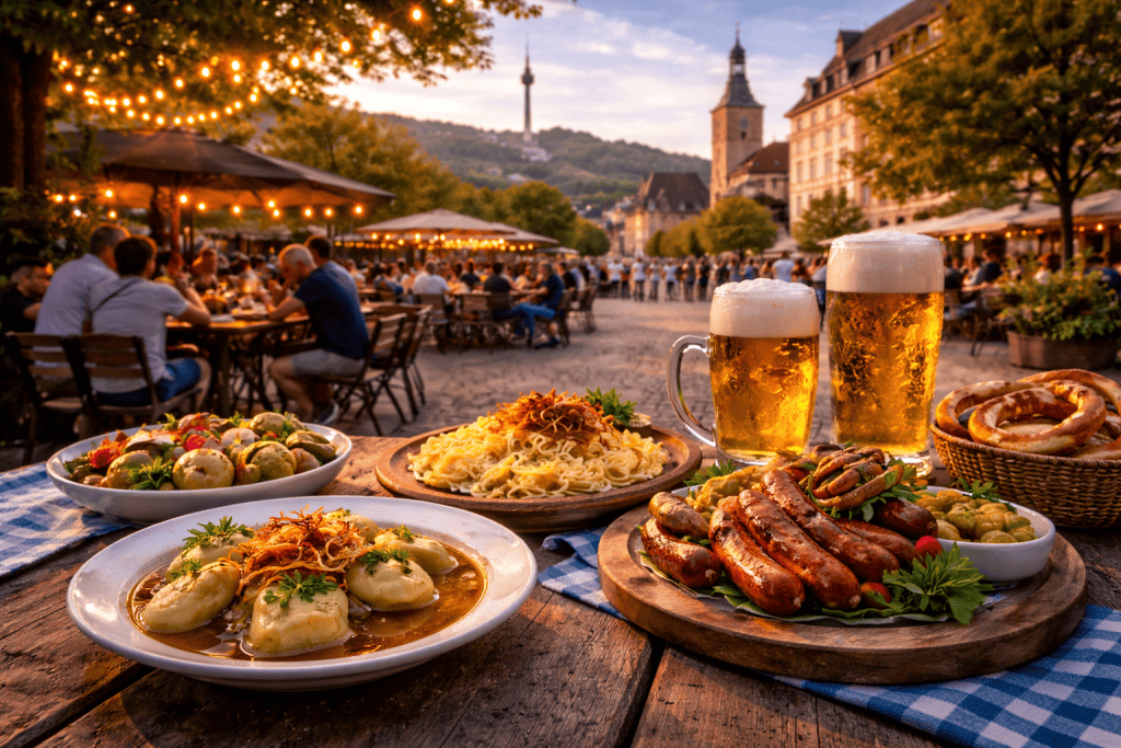 Kulinarische Spezialitäten und Restaurantszene in Stuttgart mit regionalen Gerichten und urbanem Stadtambiente im Querformat