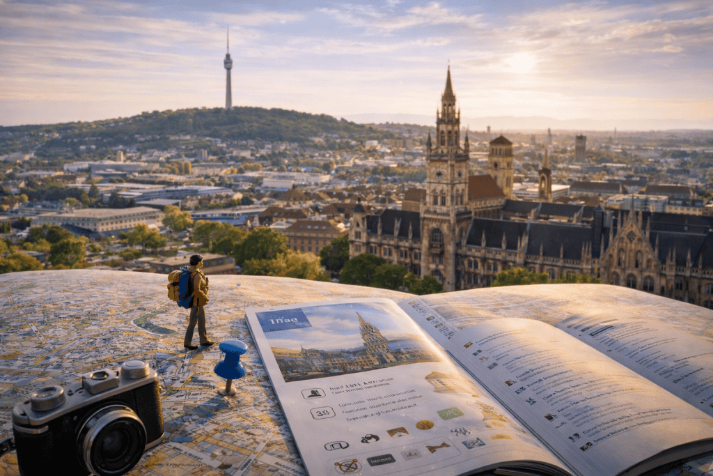 Blick über Stuttgart mit Schlossplatz, Neues Schloss und Stadtpanorama bei Sonnenschein