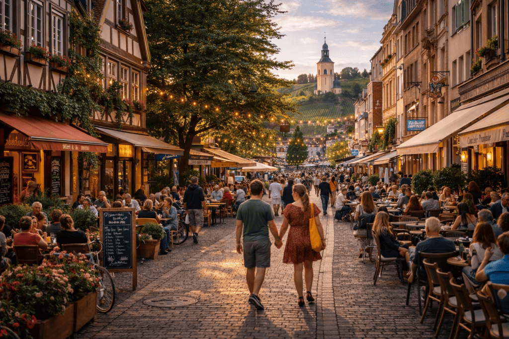 Straßenszene in einem Stuttgarter Viertel mit Cafés und Altbauten