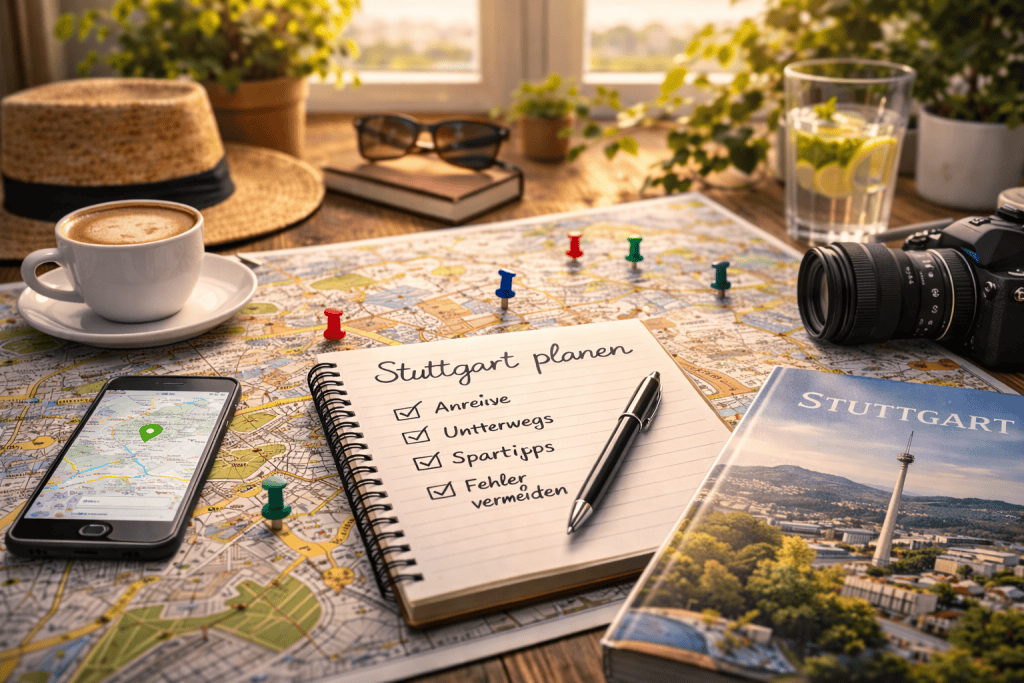 Stuttgart Reisevorbereitung mit Stadtplan, Smartphone, Tickets und Notizbuch