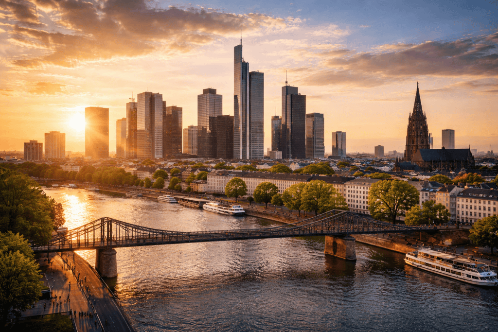 Frankfurter Skyline mit Main, Römerberg und Hochhäusern bei Sonnenuntergang