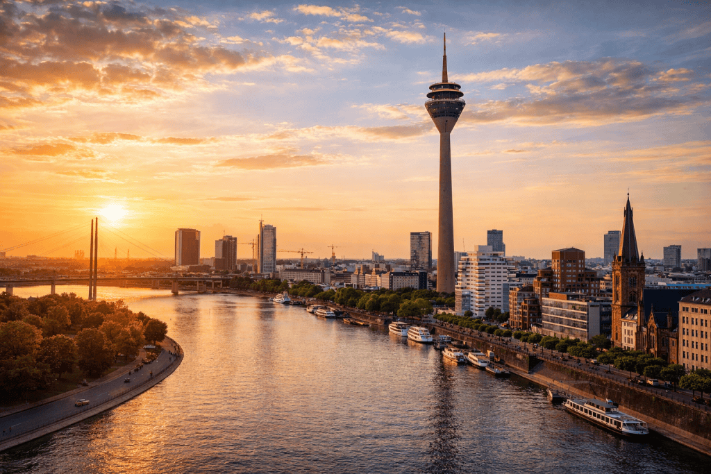 Düsseldorfer Skyline mit Rheinturm, Rhein und MedienHafen bei Sonnenuntergang