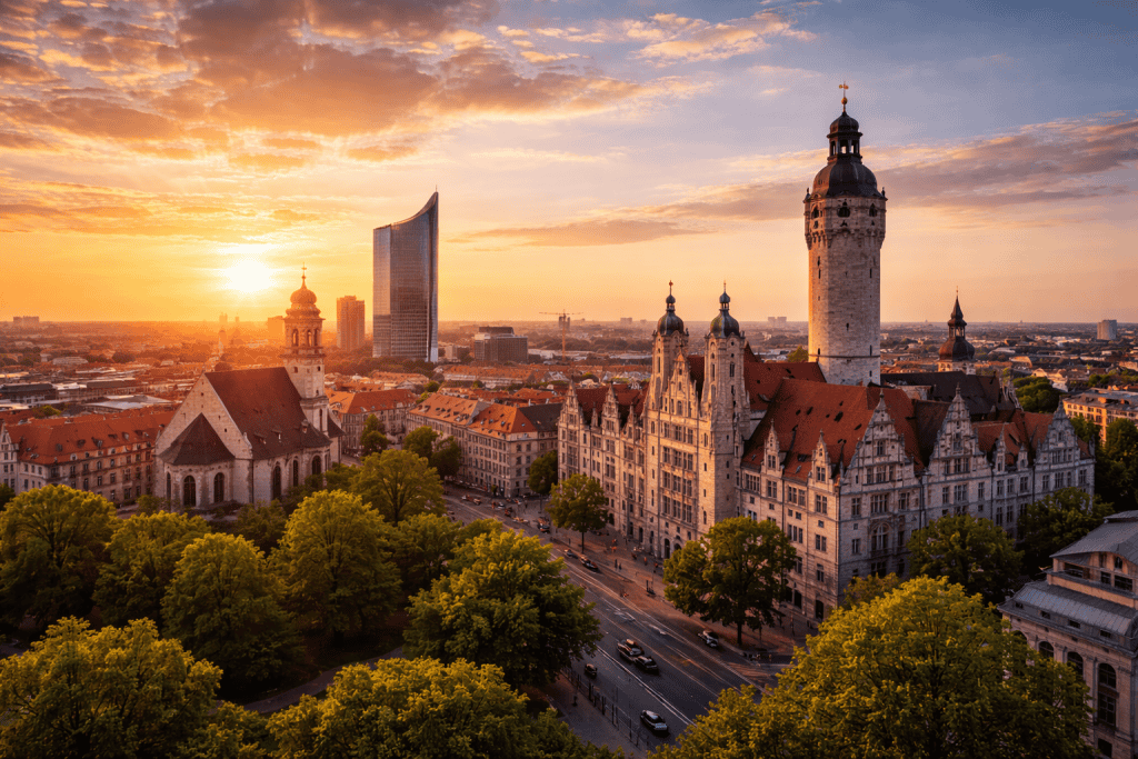 Leipziger Innenstadt mit Marktplatz, Altem Rathaus und Skyline bei Sonnenuntergang