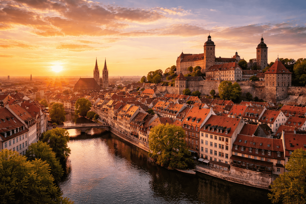 Nürnberger Altstadt mit Kaiserburg, Fachwerkhäusern und Skyline bei Sonnenuntergang