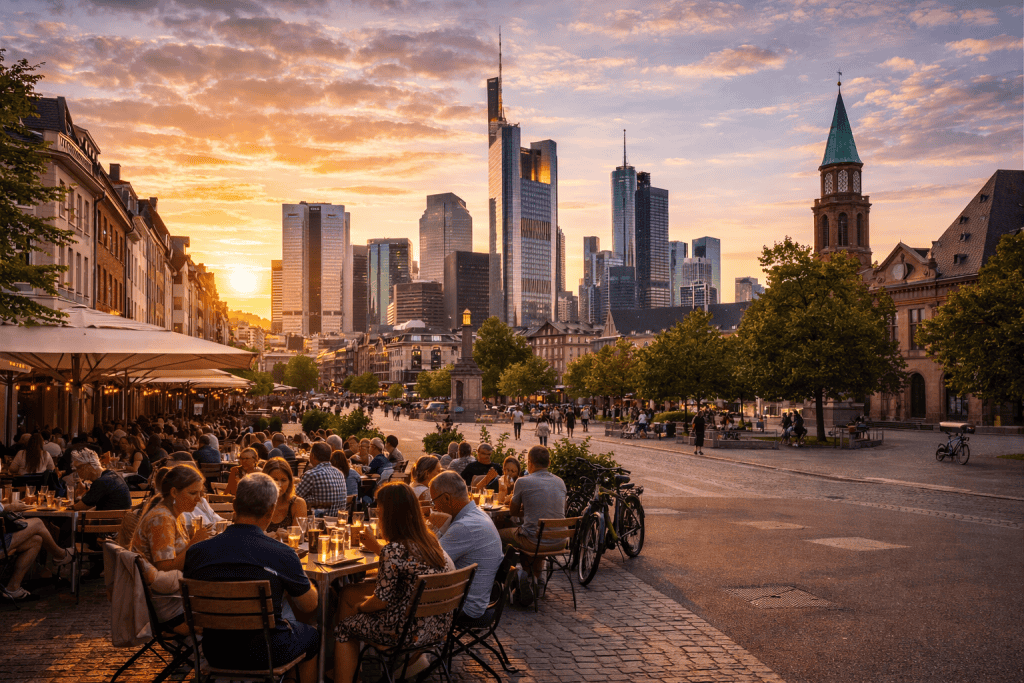 Belebte Straße in Frankfurt am Main mit Cafés, Menschen und typischer Großstadtatmosphäre in einem Frankfurter Viertel
