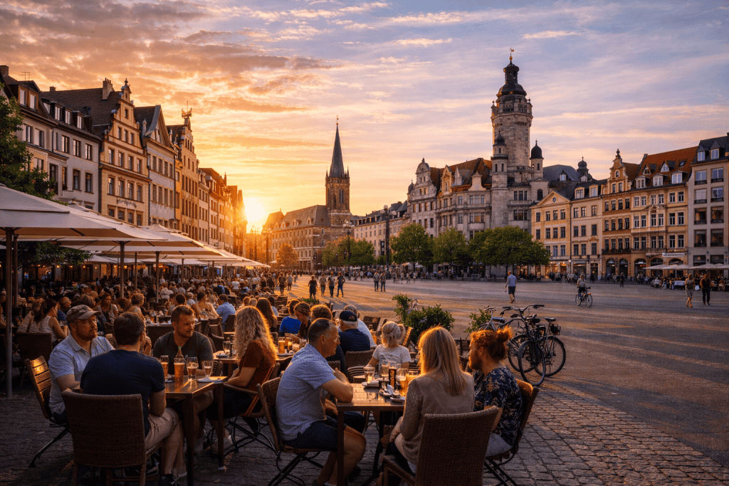 Belebte Straße in Leipzig mit Cafés, Menschen und kreativer Stadtatmosphäre in einem Leipziger Viertel