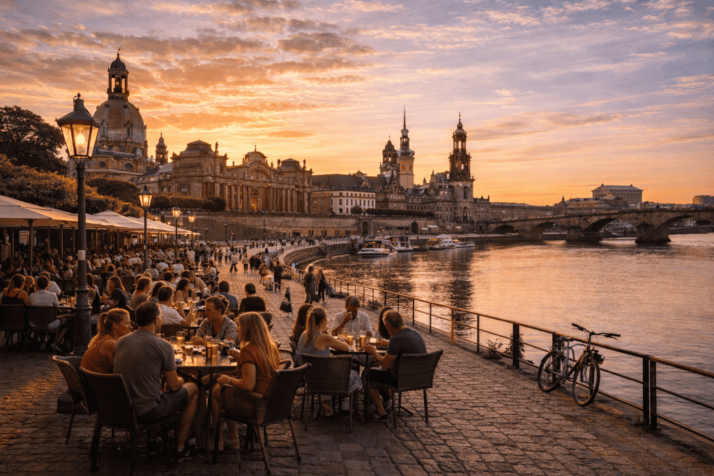 Belebte Straße in Dresden mit historischen Gebäuden, Cafés und typischer Stadtatmosphäre in einem Dresdner Viertel