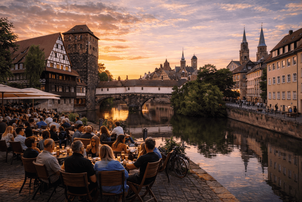 Belebte Straße in Nürnberg mit historischen Gebäuden, Cafés und typischer fränkischer Stadtatmosphäre in einem Nürnberger Viertel