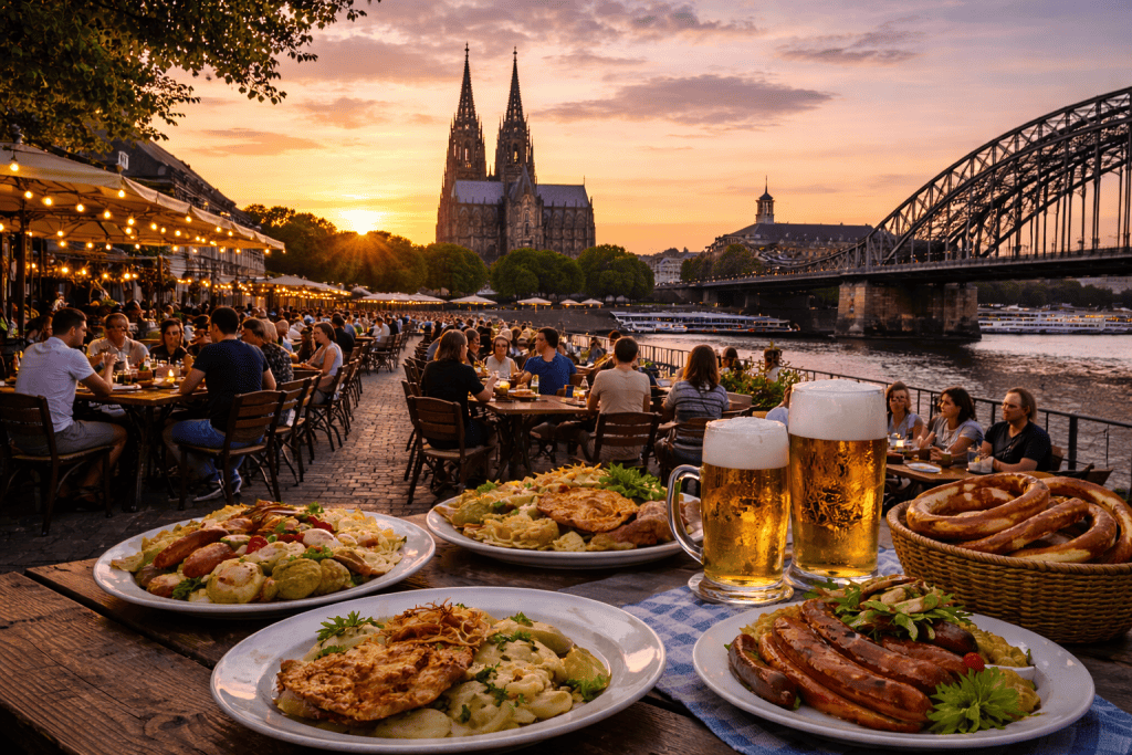 Belebte Restaurants und Außengastronomie am Abend in Köln