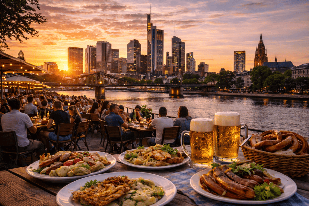 Belebte Restaurants und Außengastronomie am Abend in Frankfurt