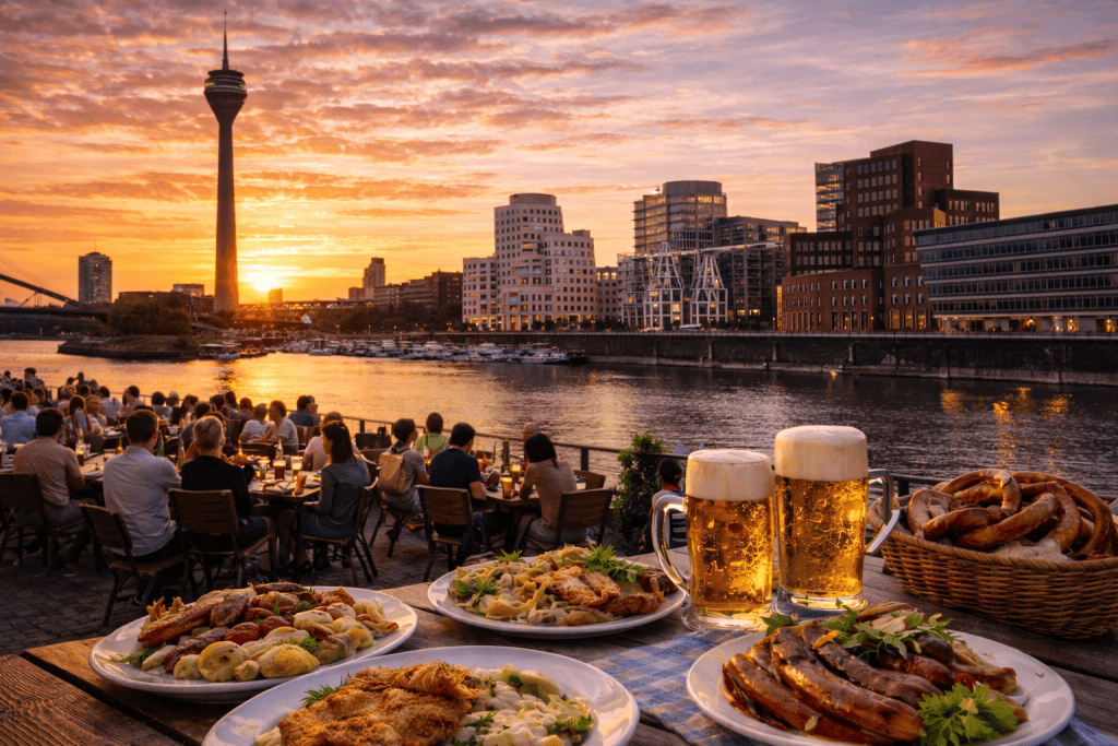 Belebte Restaurants und Außengastronomie am Abend in Düsseldorf