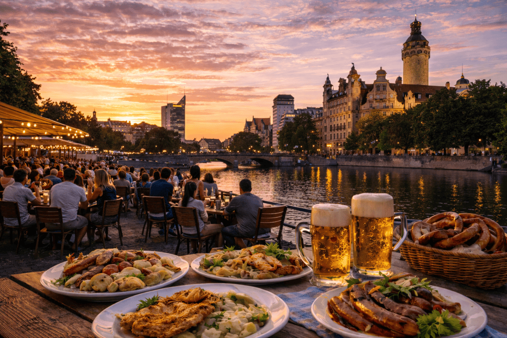 Belebte Restaurants und Außengastronomie am Abend in Leipzig