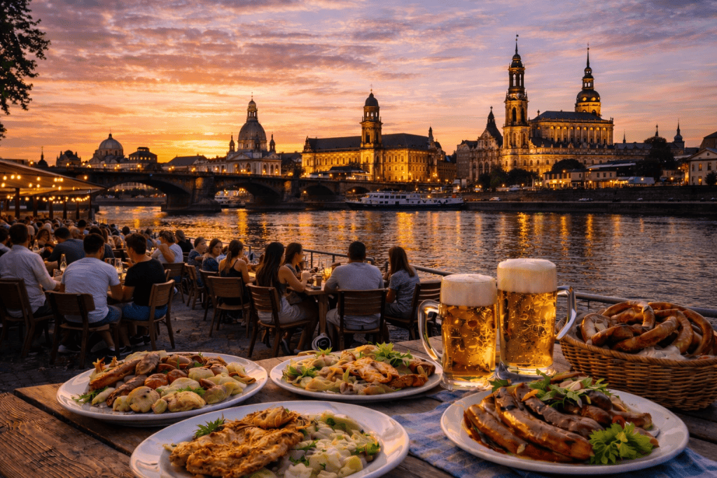 Belebte Restaurants und Außengastronomie am Abend in Dresden