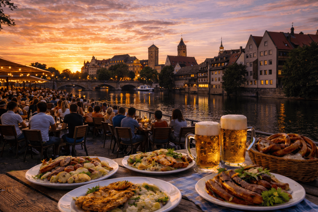 Belebte Restaurants und Außengastronomie am Abend in Nürnberg