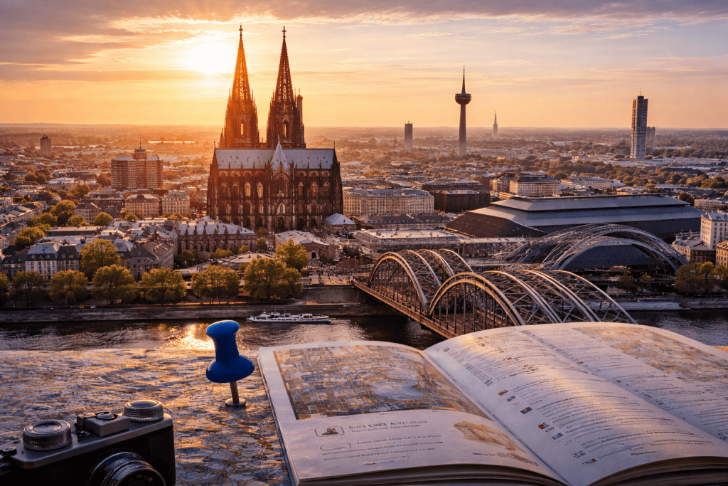 Blick auf den Kölner Dom mit Rhein und Altstadt bei Sonnenuntergang