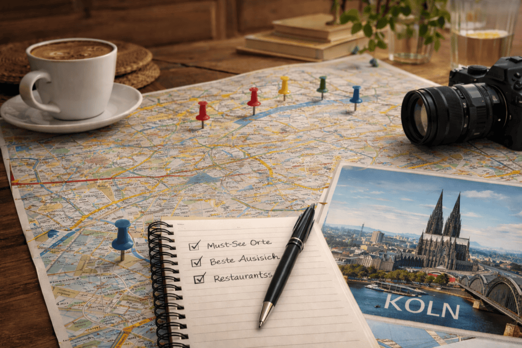 Reiseplanung für Köln mit Stadtplan, Smartphone und Dom-Blick
