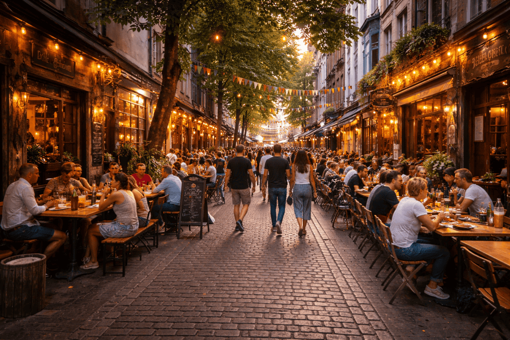 Straßenszene in einem typischen Kölner Viertel mit Cafés und Altbauten